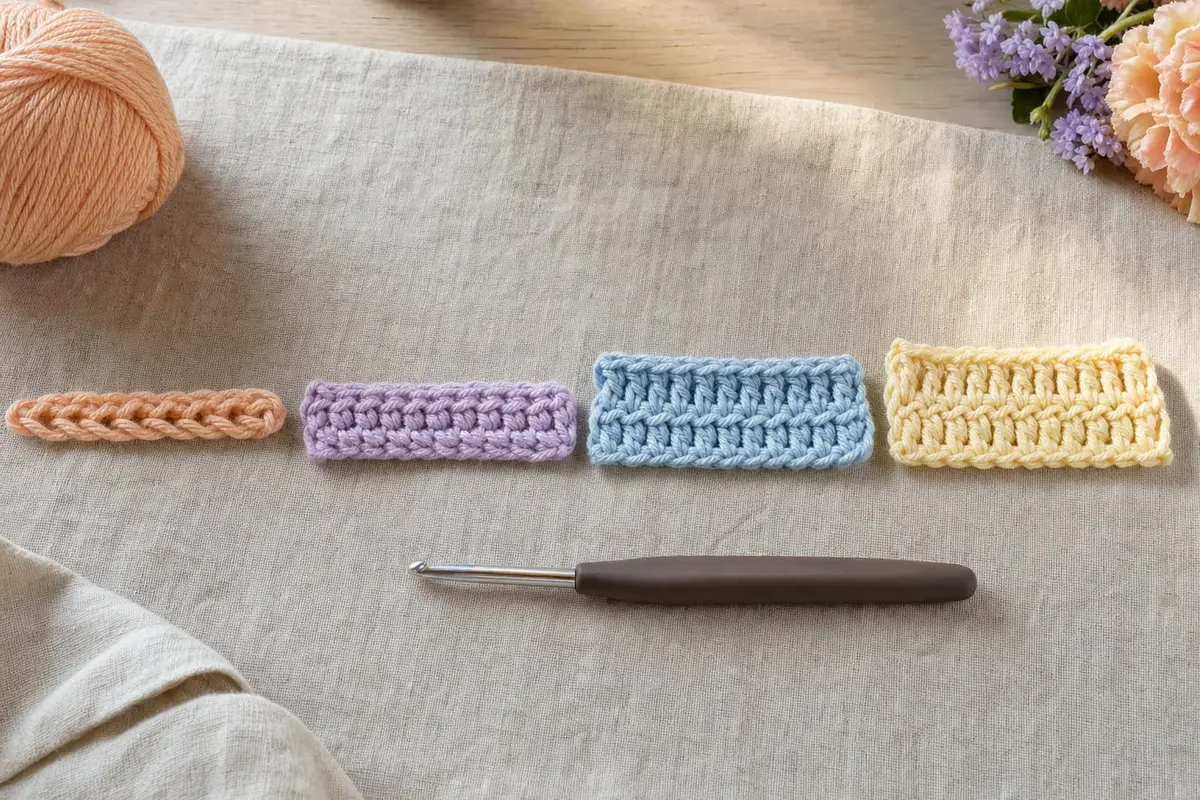 Four small crochet swatches showing chain, single, half double and double crochet