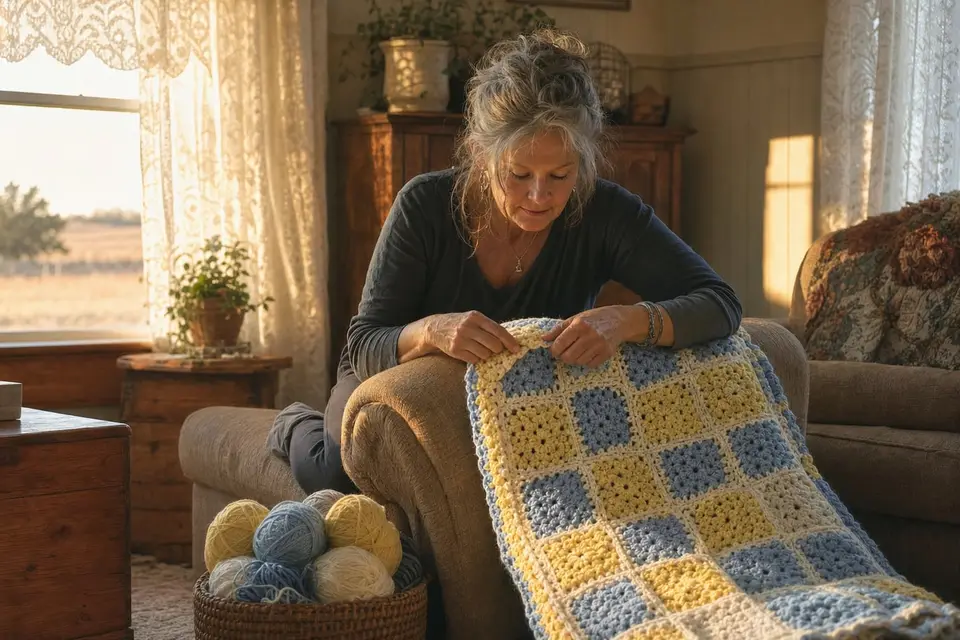 A woman drapes a nearly finished granny square blanket over a sofa at golden hour