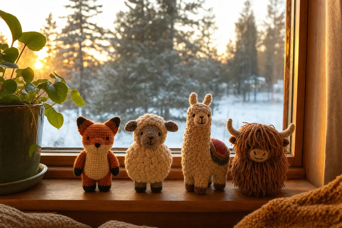 Small crocheted animals stand on a cabin windowsill at sunset