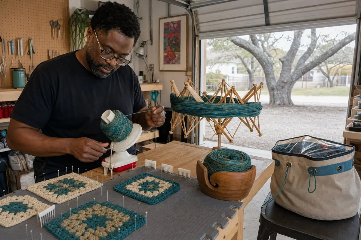 A man winds hand-dyed yarn from a swift onto a ball winder beside granny squares pinned with blockers