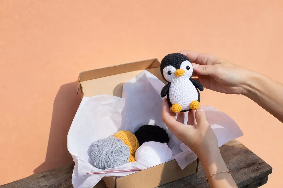 Hands lift a tiny crocheted penguin from a half-unwrapped crochet kit