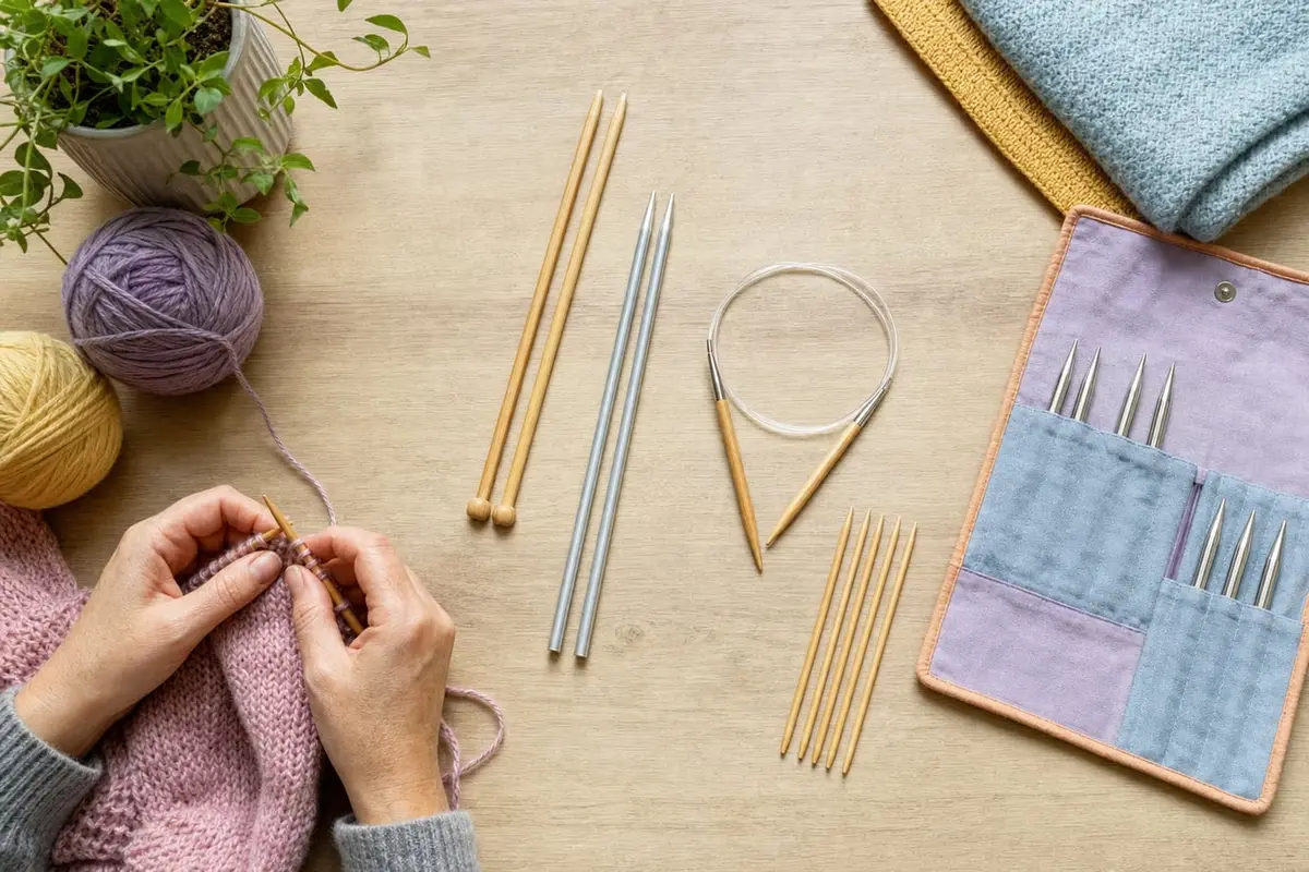 Knitting needles of different types arranged on a wooden table