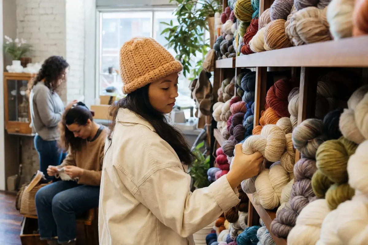 A woman feels a skein of yarn in front of a wall of colorful yarns