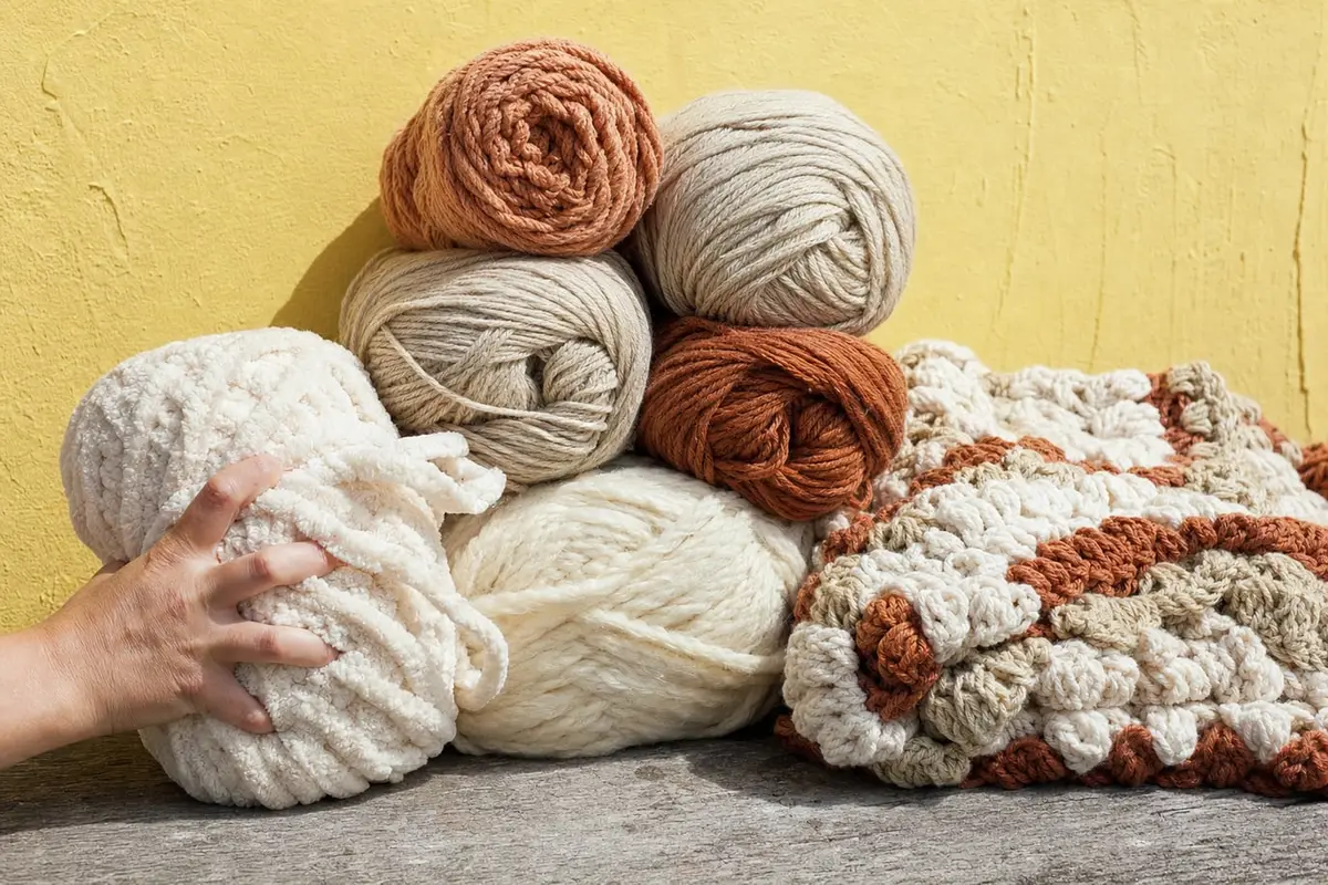 Skeins of chunky, worsted and chenille blanket yarn stacked against a yellow wall