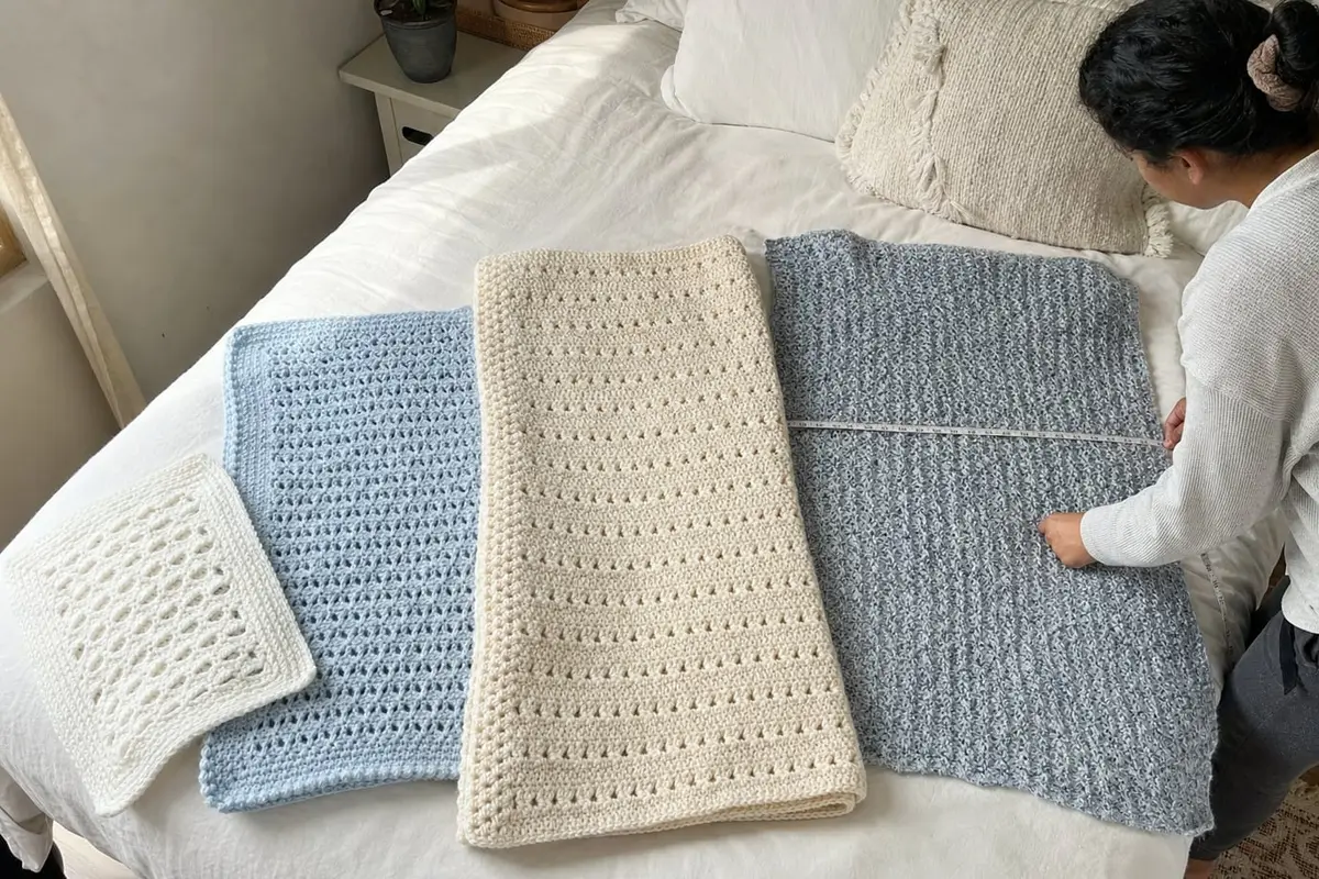 Crochet blankets of several sizes laid out on a bed with a tape measure