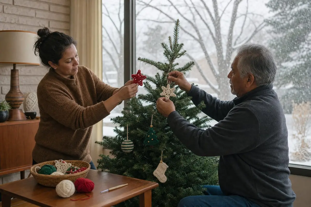 Two people hang small crocheted stars, snowflakes and baubles on a fir tree by a snowy window