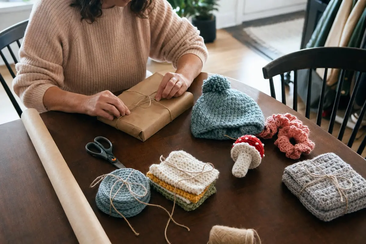 Hands wrap small crocheted gifts in kraft paper on a kitchen table