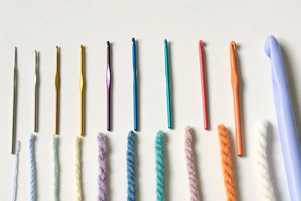Crochet hooks laid out from smallest to largest with matching yarn strands