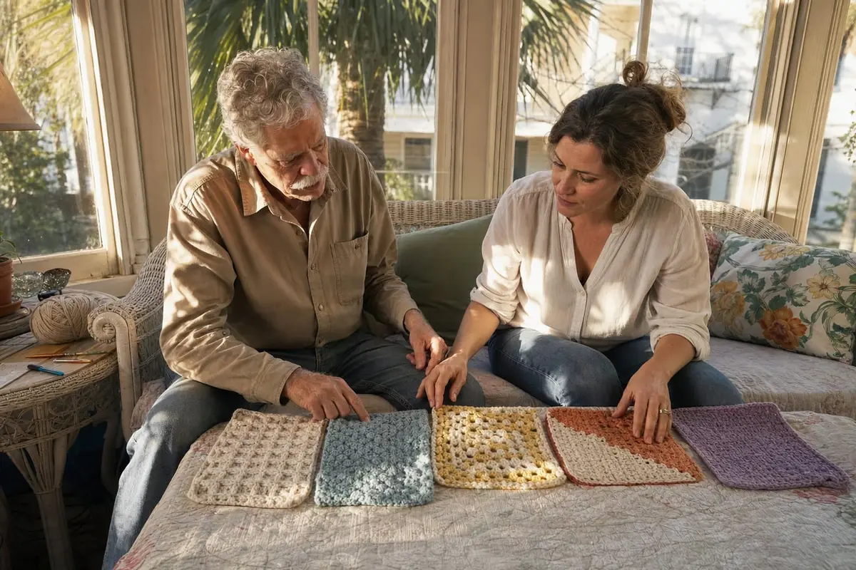 Five crochet blanket squares in different stitches laid out on a sunroom daybed