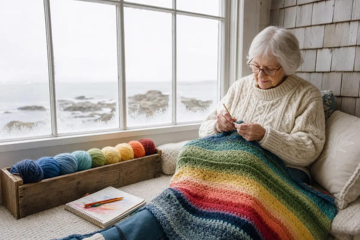 A woman crochets a striped temperature blanket in a cottage window seat on a frosty morning