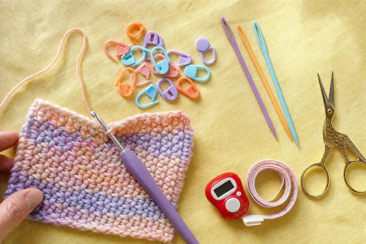 Crochet tools laid out on linen: markers, needles, scissors, counter and tape