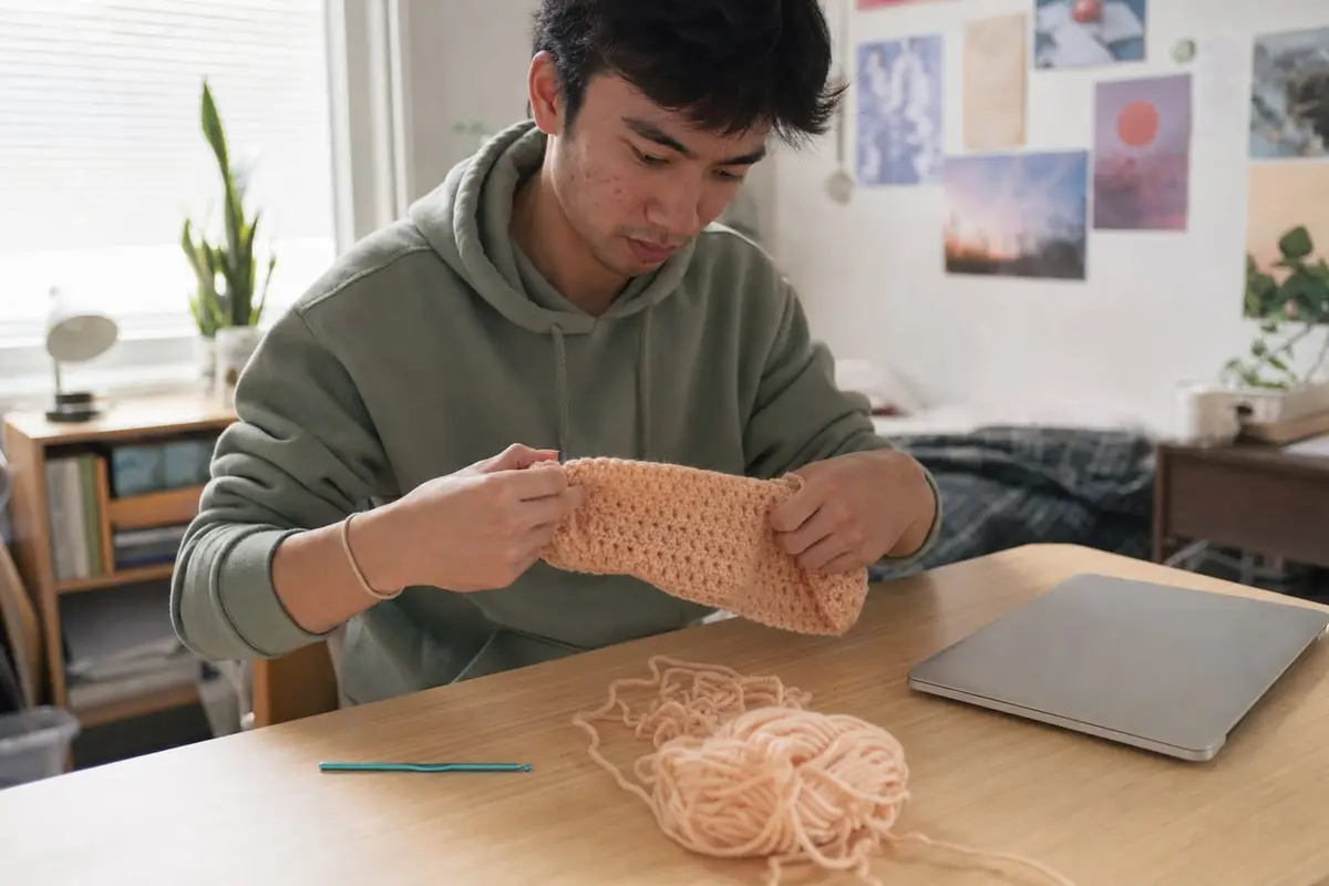 A student unravels a curling crochet swatch at his dorm desk