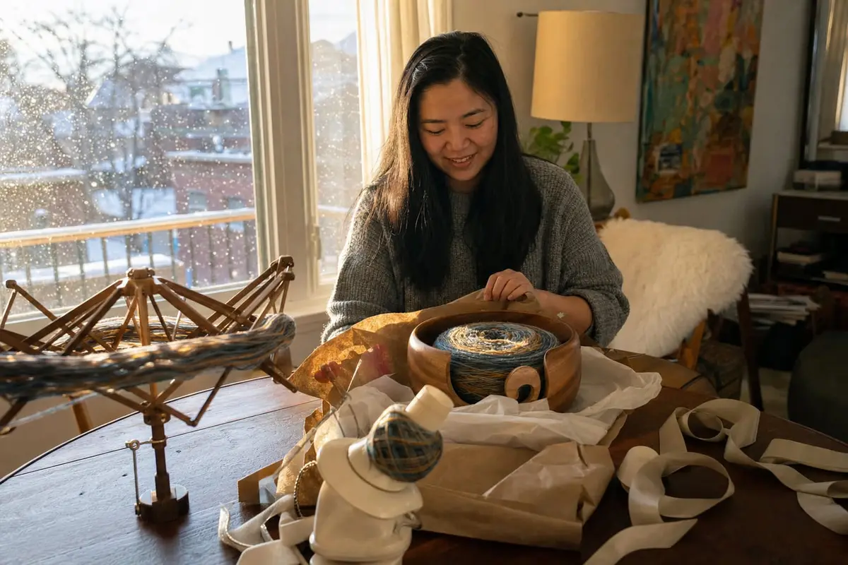 A wooden yarn bowl, ball winder and swift ready as gifts by a snowy window