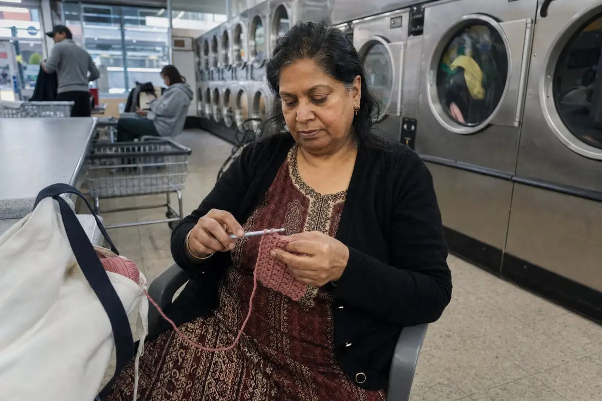 A woman works half double crochet on a dusty-rose swatch in a laundromat
