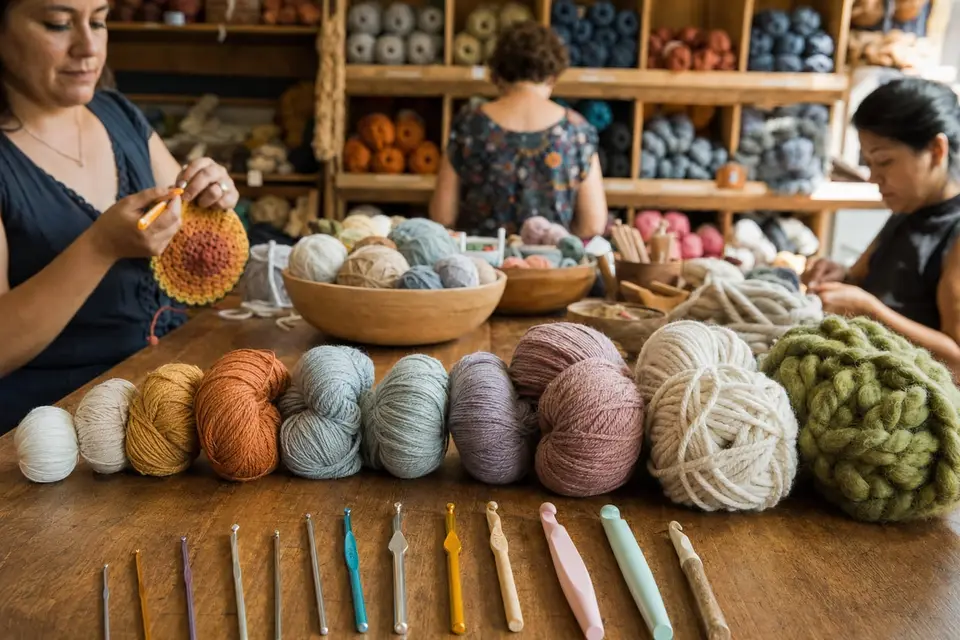 Crochet hooks of different sizes and materials beside yarns from fine to chunky