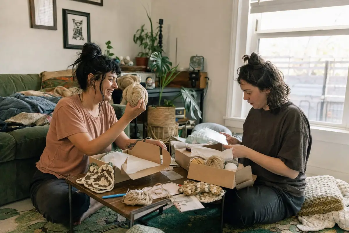 Two friends unbox crochet kits on a living room floor