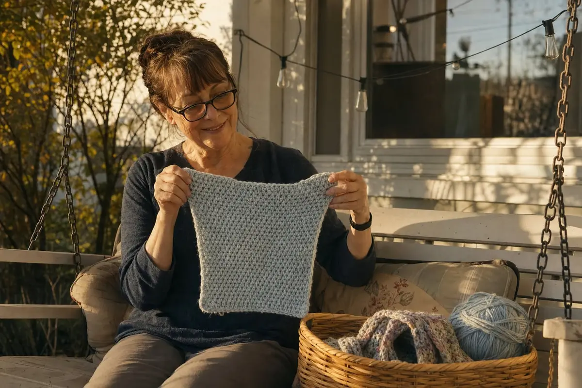 A woman holds up her finished crocheted dishcloth on a porch swing