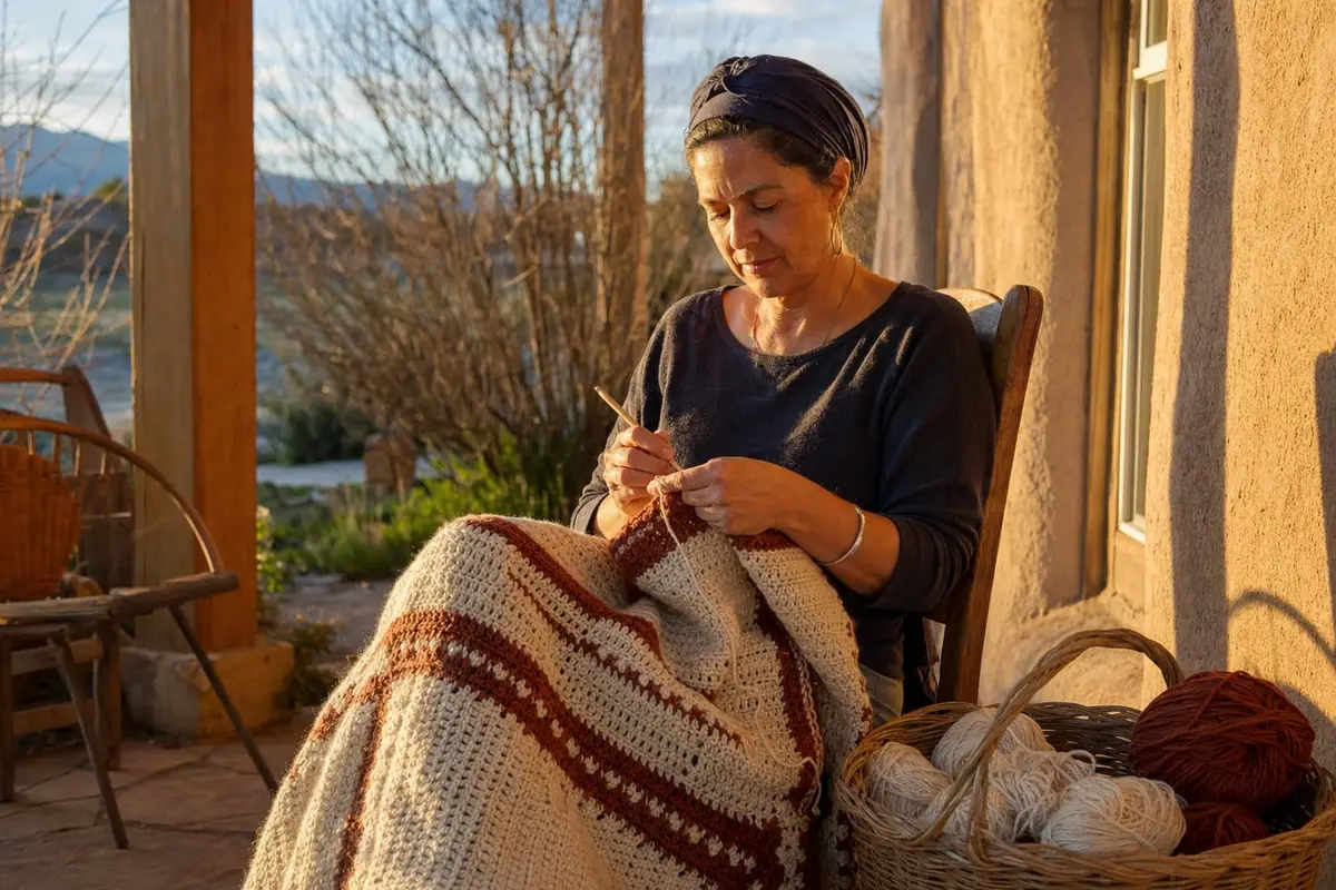A woman crochets a large cream and terracotta blanket on a sunlit adobe porch