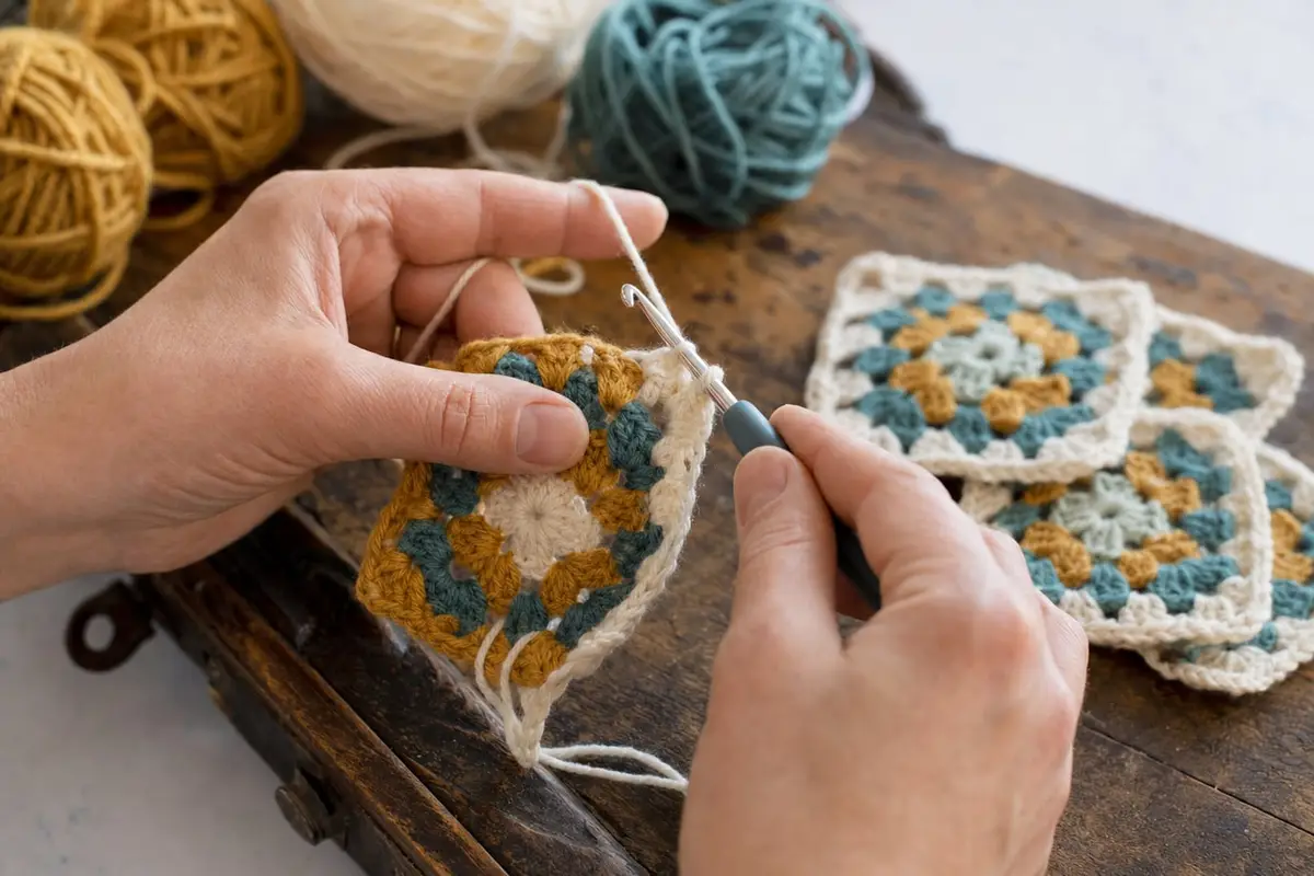Hands crochet a mustard, teal and cream granny square on a wooden table