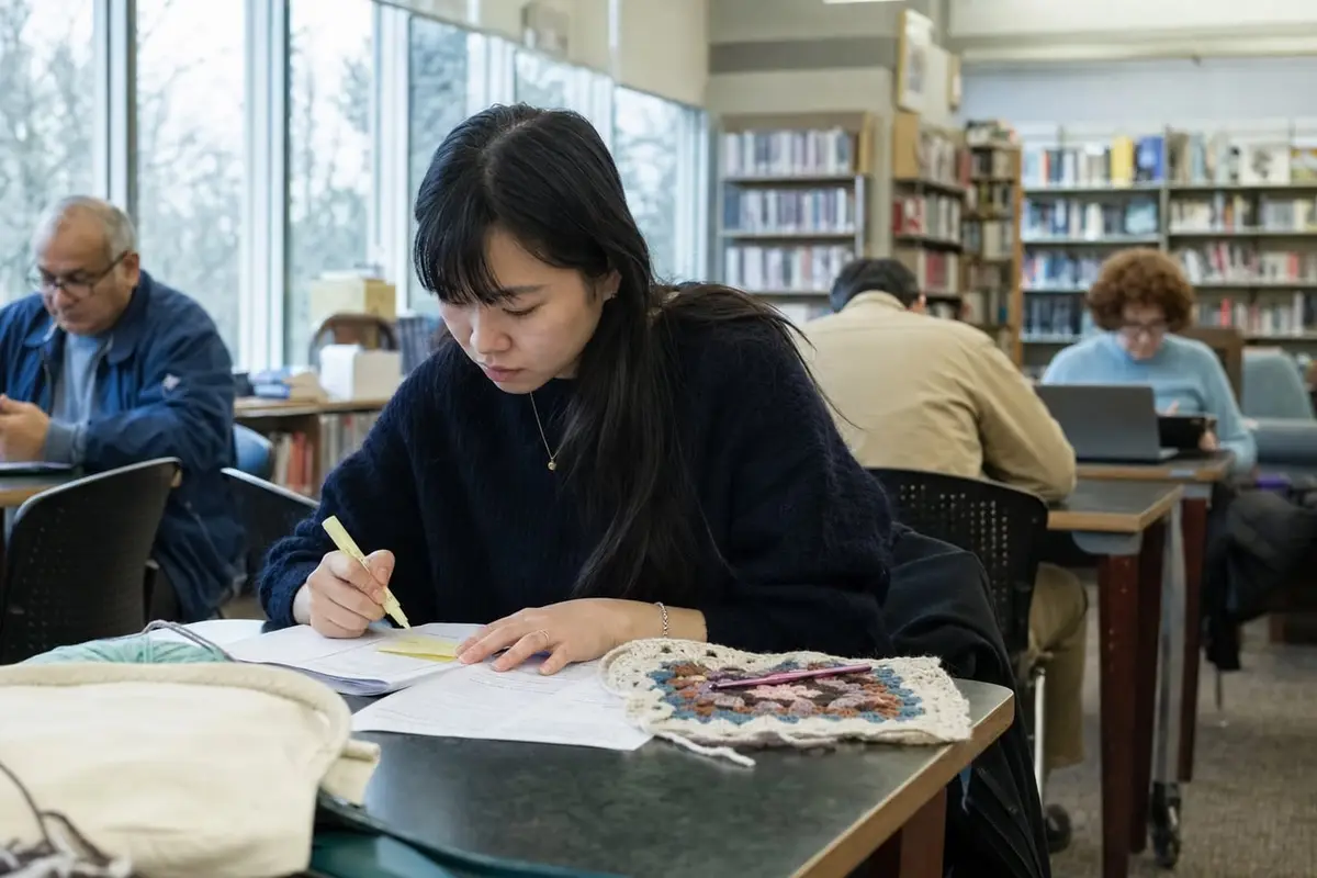 A woman follows a printed crochet pattern with a highlighter in a library