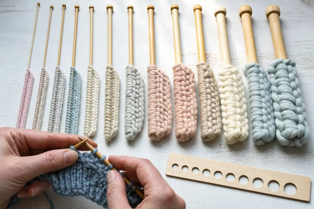Knitting needles from thin to thick, each beside a matching knitted swatch