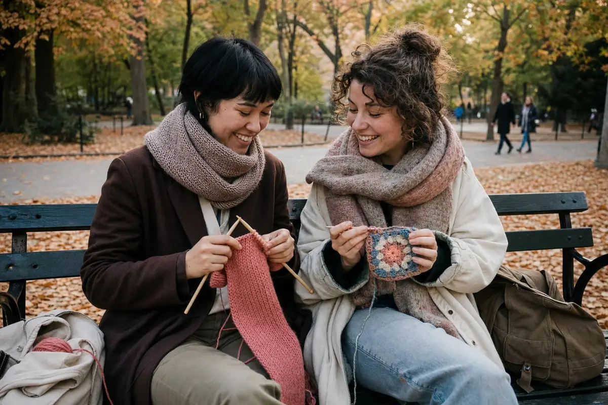 Two friends on a park bench, one knitting and one crocheting