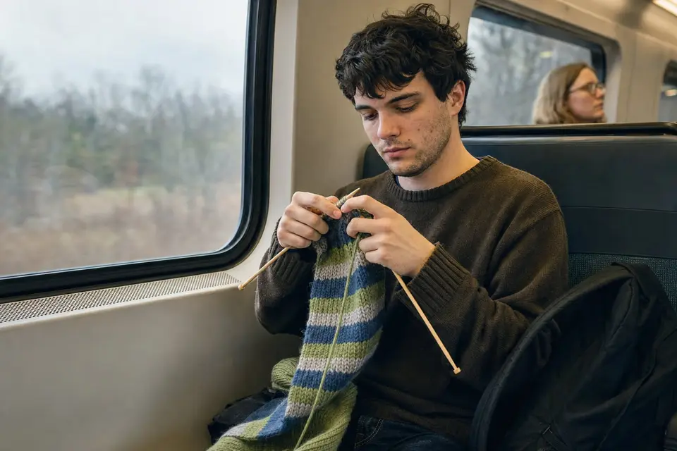 A young man knits a striped scarf on two needles on a commuter train