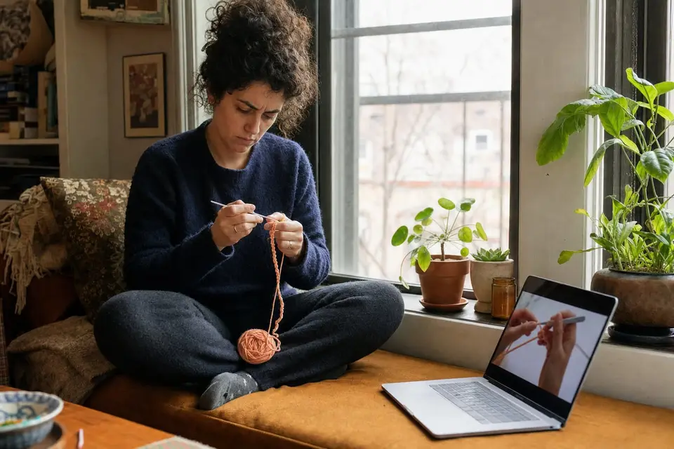 A woman learns her first crochet chain on a sunny window bench in a city apartment
