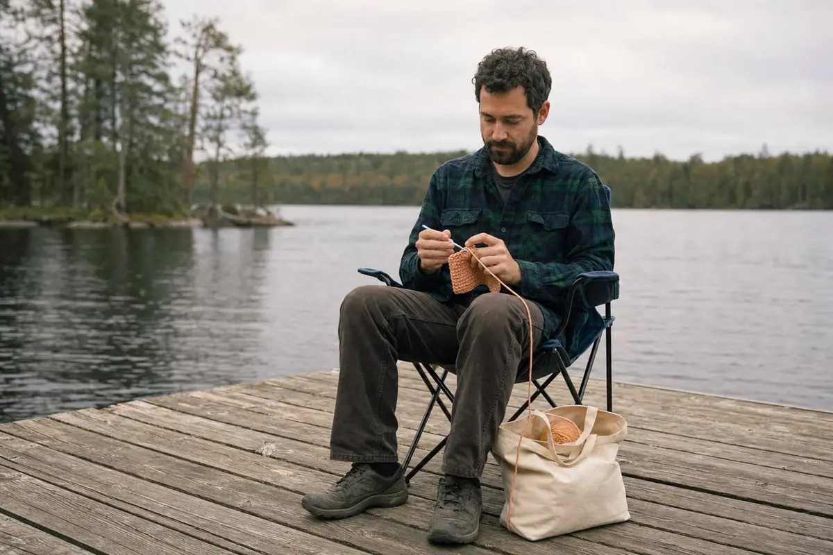 A man crochets a dense single crochet swatch on a lake dock on a cloudy morning